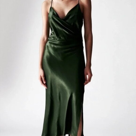 ZARA Olive Green Midi Silk Dress - Picture 1 of 5